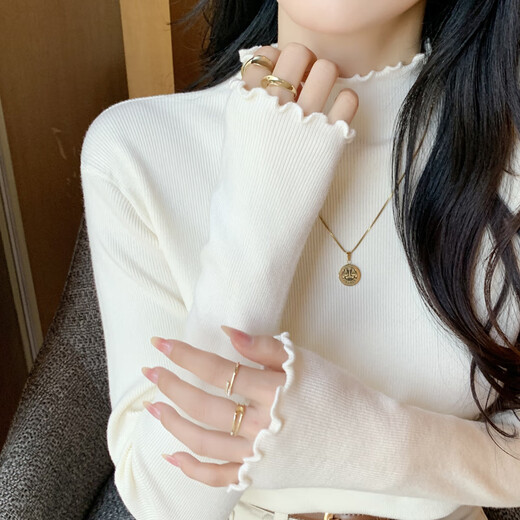 Yu Zhaolin half turtleneck knitted bottoming shirt for women in autumn and winter, high-end slim fit fungus lace top with mid-collar inner sweater apricot color