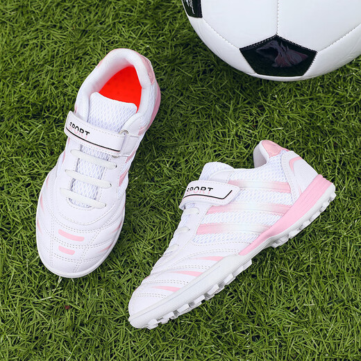 Ruiqu C Ronaldo Messi Falcon Kinderfußballschuhe Jungen Schüler Kinder Klettverschmutzung TF Spike Training Schuhe Mädchen 6199 Weiß und Blau Leder Klettverschluss 29