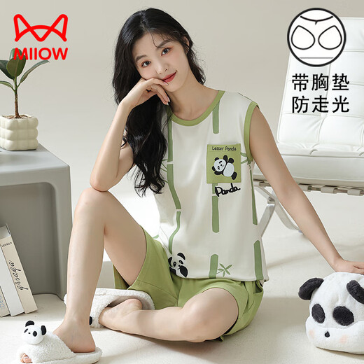 
Catman (MiiOW) vest pajamas with chest pad for women for women in summer pure cotton thin summer sleeveless home clothing set can be worn loose large size for outside. Vest cover with chest pad/suit-F9856 M Women Recommended 80-100Jin [Jin equals 0.5 kg]