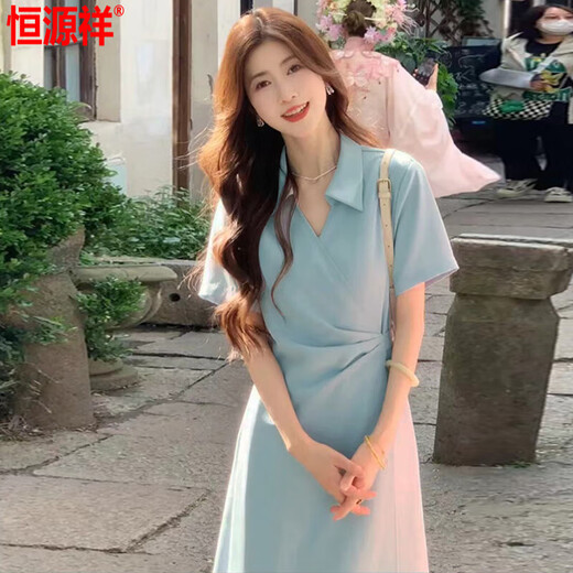 Hengyuanxiang Women's Dress 2025 Summer Fashionable Waist Slimming Korean Style Slimming White Retro Commuting Belly Cover Blue L 110-120Jin Jin is equal to 0.5 kg