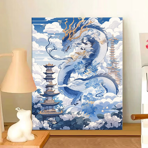 咏幻青花瓷龙 数字油画2024新款中国风手工填充diy手绘涂色丙烯油 W3892 70x90cm 白色外框崩好实木内框+颜料画笔