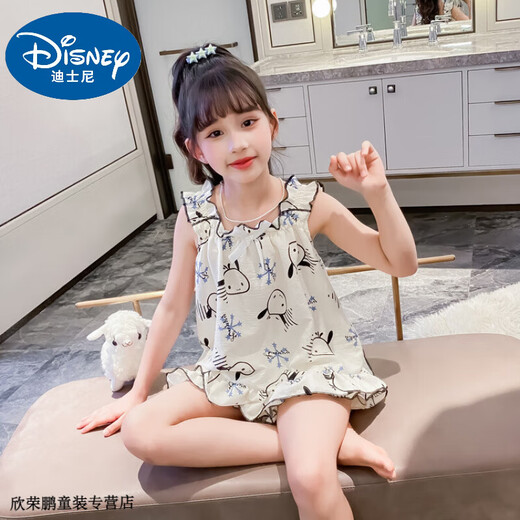 
Disney baby girl summer pajamas new style medium-sized children's sleeveless suspender nightgown two-piece set little girl can wear home clothes outside Apricot cartoon 150 Recommended 140-150cm11-12 years old cm
