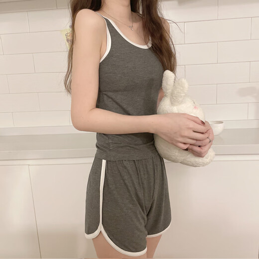 雅鹿两件套睡衣女夏季2025年新款网红运动背心冰爽莫代尔棉可外穿家居 KKH_12035#背心短套白色无胸垫 M