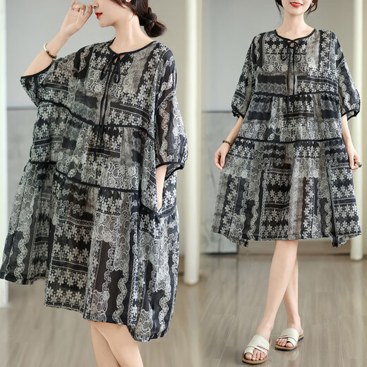 Jiandang large size women's fat MM summer printed neckline tether loose to cover the belly 200 Jin [Jin equals 0.5 kg] Slimming dress 6190 Black 2XL [165-190 Jin [Jin equals 0.5 kg]]