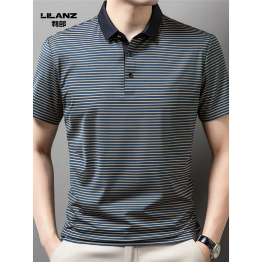 Lilang men's lapel short-sleeved T-shirt summer striped young and middle-aged business casual POLO shirt ice silk breathable top green 13691 M 170