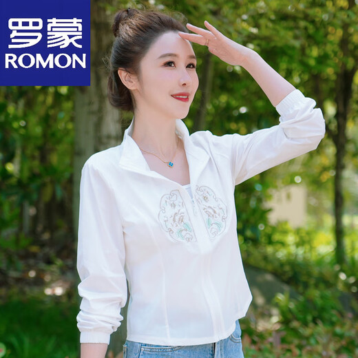 罗蒙（ROMON）中式国风短款防晒衣女外穿2025夏季新款轻薄款外套小个子刺绣上衣 白色 M 【建议90-100斤】