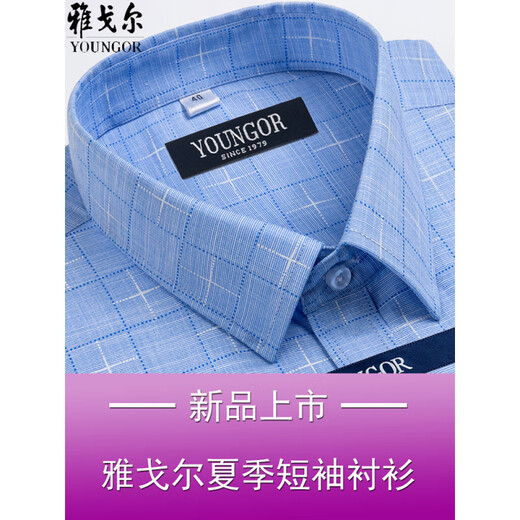 CEO雅戈尔男士短袖衬衫夏季棉免烫中年休闲商务职业正装格子衬衣服 短袖DX6629 43