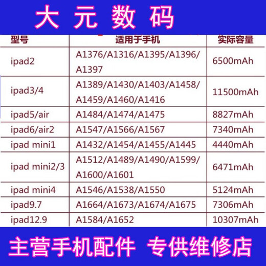 永叶（YEARNYE）电池适用 ipad  2 3 4 5 6 ipadair 2 3 4 mini2 4 5 pro9.7 A1822/A1823/A1484(永叶品牌)