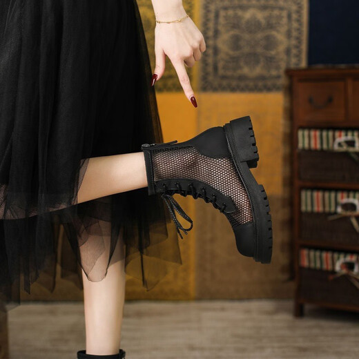 Woodpecker Hollow Martin Boots Spring and Autumn Thin Mesh Boots New Thick Heel Thick Sole Mesh Sandal Boots Summer Breathable Short Boots Black 39