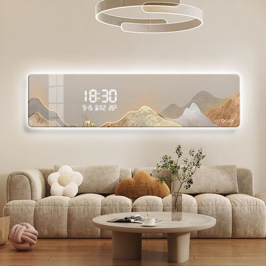 La luz moderna de la luz moderna de la luz de lujo de la pared de la pared de la pared de la pared de la pared de la pared del paisaje de la luz del paisaje de la luz del estilo de la crema de alta gama Pintura de decoración de la sala de estar PD3899 (reloj electrónica de pantalla LED) 120*30 Pintura colgante sin luz [Modelo de enchufe de pantalla digital]