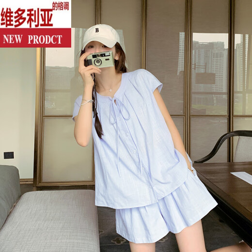 维多利亚的格调蓝色棉麻套装裙女夏小个子巨好看时尚洋气时髦短袖短裤休闲两件套 蓝色 两件套 设计师原版 S (建议105斤以下)
