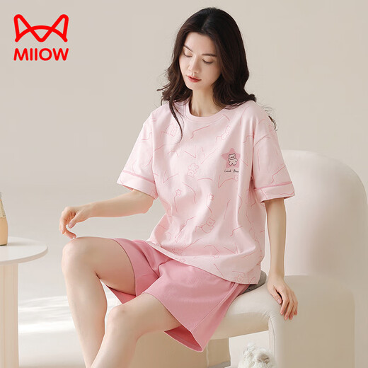 猫人（MiiOW）夏季纯棉睡衣女士2025新款短袖女款家居服大码夏天套装可外穿薄款 A9859 樱桃红 M 80-100斤】