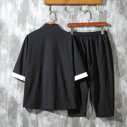 Shikuang Chinese style linen suit men's summer seven-quarter sleeve men's cotton linen Hanfu retro Tang suit Zhongshan suit buckle coat without words black A718 set [Quality assurance] 2XL 145-160Jin [Jin equals 0.5 kg]
