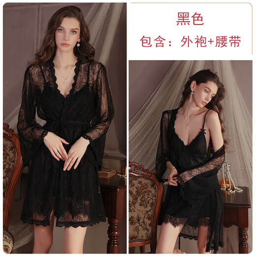瑰若甜美顺滑缎面内衣纯欲蕾丝性感加胸垫睡裙外袍家居服套装4867 黑色(睡裙) M