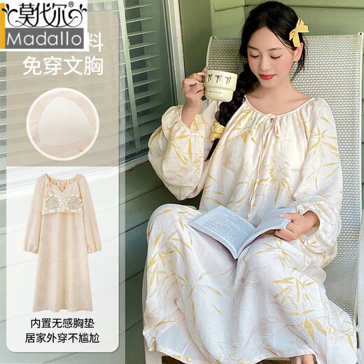 Modal nightgown with chest pad thin extended pajamas new style dress Chinese style long-sleeved Chinese style exterior home clothing [upgrade] chest pad # extended skirt AM13064 M [recommended 80-100Jin [Jin equals 0.5 kg]]