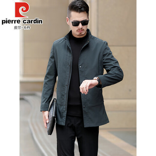 Pierre Cardin high-end men's windbreaker mid-length jacket 2025 spring and autumn new middle-aged dad stand collar business casual jacket black 2XL 185 recommended 170-185Jin Jin equals 0.5 kg