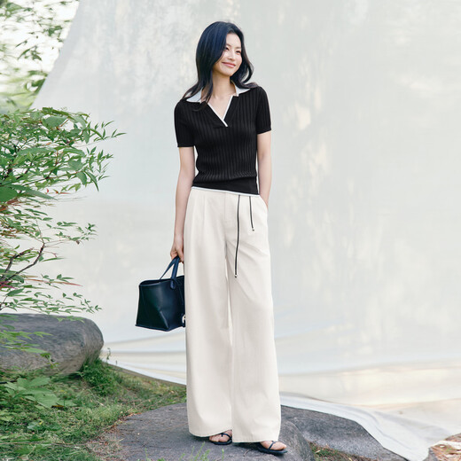 伊芙丽（eifini）伊芙丽撞色POLO领假两件针织衫女短袖上衣2025夏装新款 黑色 M 100-110斤