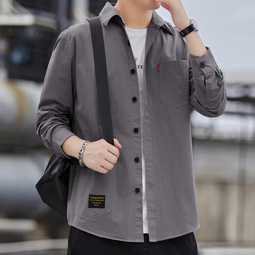 ROMON pure cotton shirt men's long-sleeved work clothes men's shirt Japanese inch shirt casual loose top spring and autumn jacket new style 609 long-sleeved light blue shirt 2XL recommended 155-175Jin Jin equals 0.5 kg