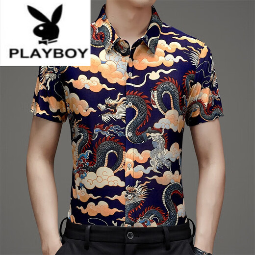 Playboy (Playboy) High-End-Sommer mit kurzärärmigem Blumenhemd Herren-Eis Maulbeer-Seide No-Scenaling Anti-Falten-Gelegenheits-bedrucktes Hemd mittleren Alters Anzug 701 Black L 170 [120-140jin [Jin gleich 0,5 kg]]]
