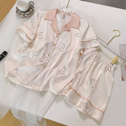 ZIPJBX短袖冰丝睡衣女2025夏季薄款感爱心印花蕾丝边家居服套装 丝滑感-LW-9214 M 【建议80-100斤】