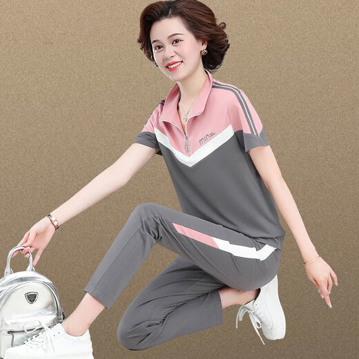 迪芙熙中年妈妈夏装两件套2025新款短袖T恤中老年夏天休闲运动服套装 6630宝蓝 (上衣+长裤) M 【建议98斤以下b