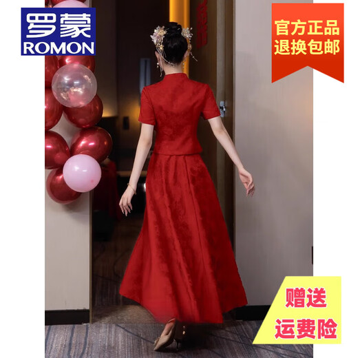罗蒙品牌新中式旗袍改良敬酒服2025新款酒红色新娘结婚晚礼服订婚连衣 酒红色 常规款(裙长88cm) L 100-110斤
