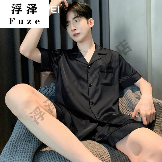 映棠男士睡衣夏季冰丝短袖裤色黑色夏天薄款男生仿真家居服套装 12532【云朵棉绉布款】 L _(建议身高170左右-体重-130
