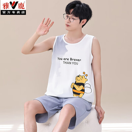 Yalu men's sleeveless pajamas summer loose vest cartoon trend among teenagers large-size cotton 1283 vest male denim orchid dolphin teeth M teenager version [60-70Jin [Jin equals 0.5 kg]]