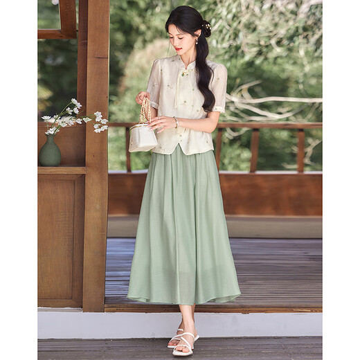Lost Time 2025 New Summer Stand-up Collar Button Elegant New Chinese Design Niche Fashion Suit 33 Green S