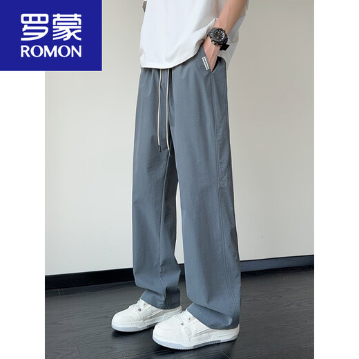 Romon Herrenhose Sommer Dünnes Mesh atmungsaktuelle, gerade Eisseidenhosen für Jungen graue amerikanische Schnellrockshosen Casual Hosen 6636 Schwarz + 6632 Schwarz M.