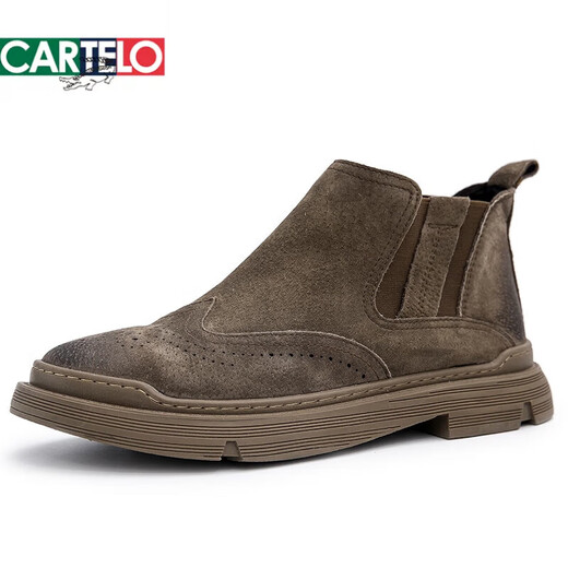 CARTELO Autumn and Winter Martin Boots Men's Variety Breathable Frosted British Brock Men's Boots Medium Leather Cover Chelsea Boots Khaki 41
