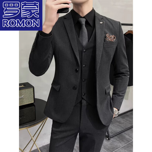 Romon Autumn No-Iron Traje Conjunto de negocios British Business Casual Rear Workwear Slim Groom Groom de boda un traje gris-medio de hebilla + pantalones, revestimiento negro XL 52