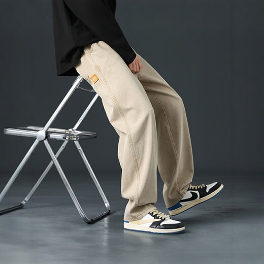 Mark Huafei Casual Pants Men's Spring and Autumn Denim Loose Retro Versatile Breathable Straight Jeans Khaki L