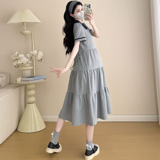 苒琦妈咪孕妇装夏装翻领休闲上衣短袖t恤连衣裙中长款春夏宽松孕妇裙子夏 灰色 XL