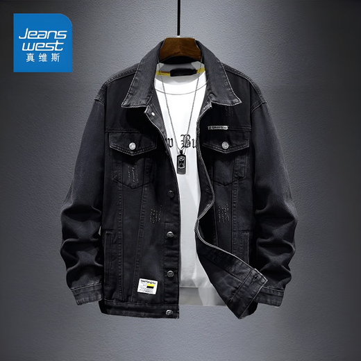 真维斯（Jeanswest）牛仔外套男2025春秋季新款潮牌百搭休闲工装夹克 6023黑色 2XL