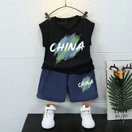 Escape Star Children's Shorts 9-14 Years Old Boy Sleeveless Vest Set Wearing Summer Thin Style Two-Piece Set in China White Vest T1049 + Black Shorts T1049 Small 90 cm Recommended height below 90CM