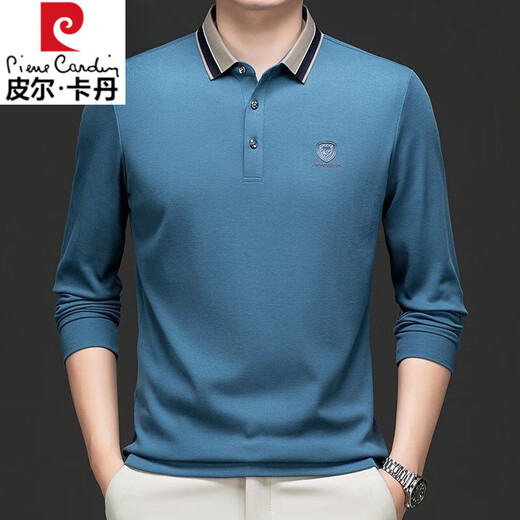 皮尔卡丹高档100%纯棉长袖t恤男2025秋季新款中年宽松休闲翻领Polo衫上衣 15810-浅兰 【高品质 不起球】 XL 175- 建议135-150斤