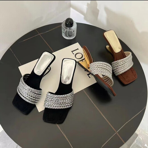 
Cheat French rhinestone heel sandals for women, summer high school thick heel slippers, versatile thick soft sole and light luxury gold, heel height 5cm 36 normal size, wide foot foot high shot one size