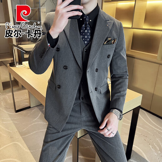 Pierre Cardin groom wedding suit men's peak lapel slim fit dress business professional formal double-breasted suit men Zhangqing three-piece suit 2XL (suitable for 141-154Jin Jin equals 0.5 kg)