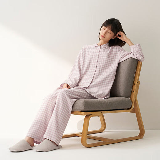 MUJI self-operated limited edition women's no side seams double-layer gauze pajamas soft cotton underwear light pink plaid L