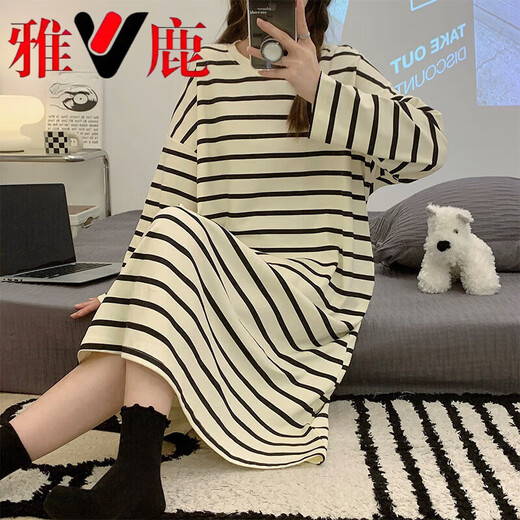 雅鹿带胸垫睡裙女纯棉长袖可爱公主风网红大码睡衣宽松2025新款春秋季 CK-16857 L 【无胸垫】