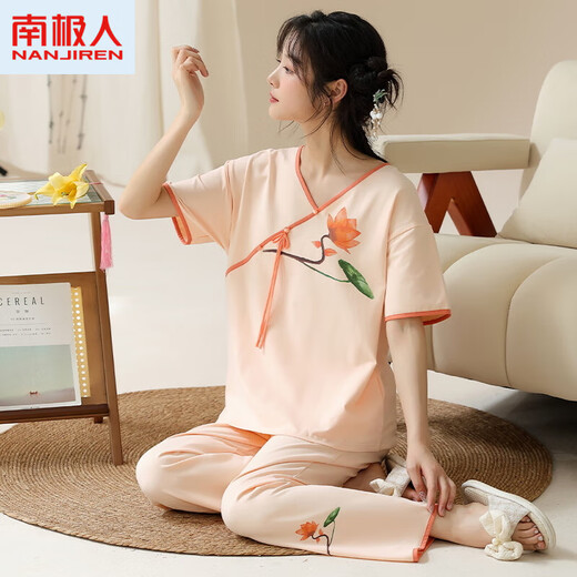 南极人（Nanjiren）官网夏季女士短袖睡衣套装新中式国风薄款棉家居服长裤夏天可外穿 LZY9905 XL (建议115-130斤)