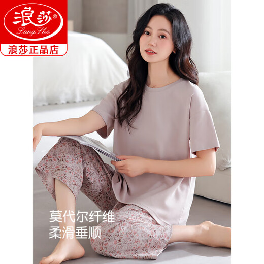 Langsha Modal Pajamas Women's Summer 2025 New Short Sleeve Thin Large Size Summer Ice Silk Cool Home Clothing Set DM13807 M (160): Recommended 80-100Jin [Jin equals 0.5 kg] Wear [