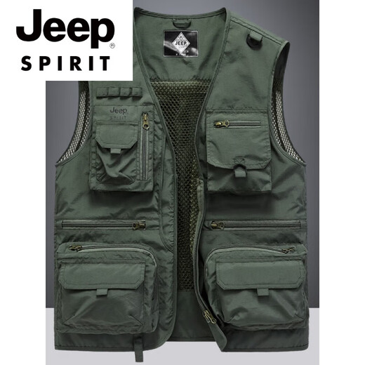 
JEEP SPIRIT high-end brand vest men's summer thin workwear multi-pocket outdoor photography vest tactical outdoor wear fishing horse clip gray M