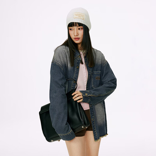 
MMLG 87mm denim shirt for women and men's autumn new loose and versatile Korean retro couple long-sleeved top jacket denim dark blue S