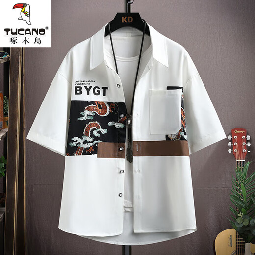 Woodpecker (Tucano) Camisa de manga corta Hong Kong Sail Sail Silk New Fashion Marca de moda Contrasting Color Camiseta Investable Camisa suelta de hombres 10910-CY2406 Negro XL alrededor de 120-145Jin [Jin equivale a 0.5 kg] se puede usar