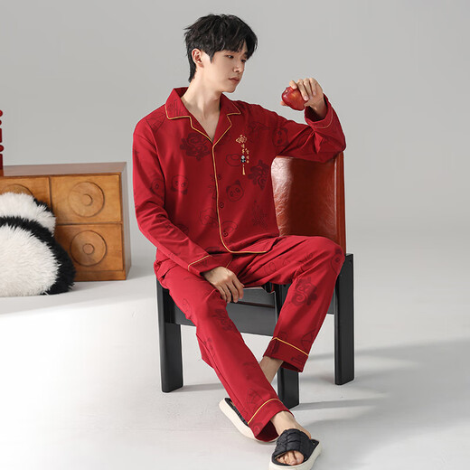 Fenton Kean's new pure cotton couple pajamas for wedding newlyweds, red simple style new suit, spring and autumn home clothes