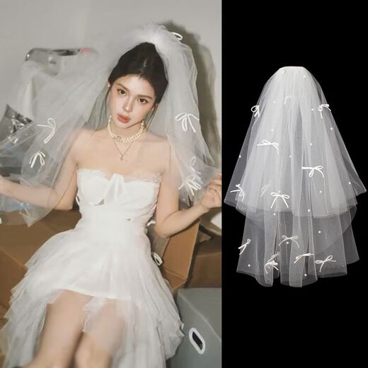 
Shantoulin Village Veil Certificate Pearl Bride Veil Main Wedding Dress Bow Pearl Hair Garment Puffy Korean Style Photo Shot Band Beaded Veil-about 80cm