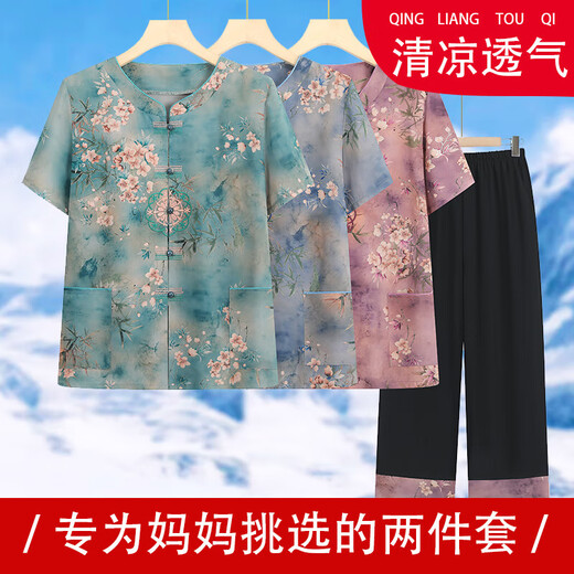 迪芙熙中老年人套装女装奶奶夏装短袖妈妈装夏季新款老人衣服老太 T6626蓝色[套装] XL 建议80-100斤
