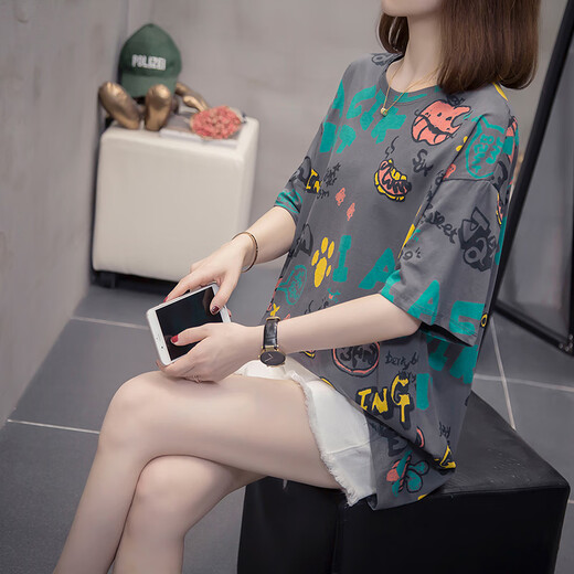花花公子（PLAYBOY）2025夏季新款纯棉短袖T恤女大码胖mm遮肚子200斤显瘦休闲百搭上衣 9901灰色 M [80-95左右]